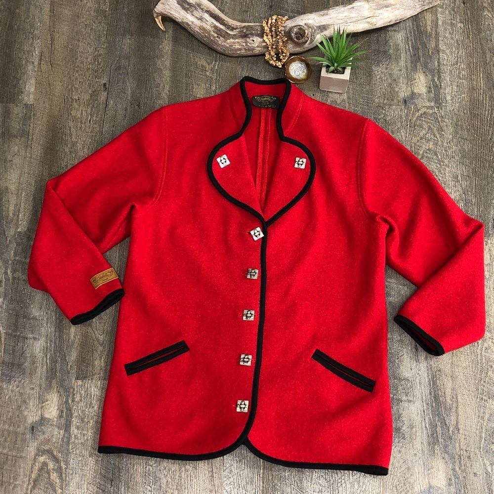 Vintage Vitabella Of Norway Red Wool Cardigan Sweater Jacket Blazer Size Large